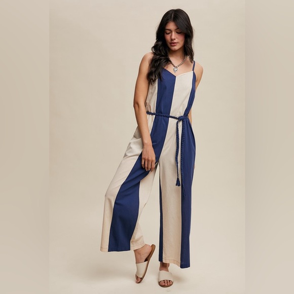 Listicle Pants - Listicle Navy and Cream Striped Wide-Leg Jumpsuit